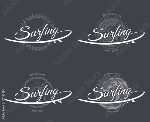 surfing lettering  logo with surfboard, palms trees, wave and sun in retro style on dark background for posters, prints and calligraphic designs, vector illustration