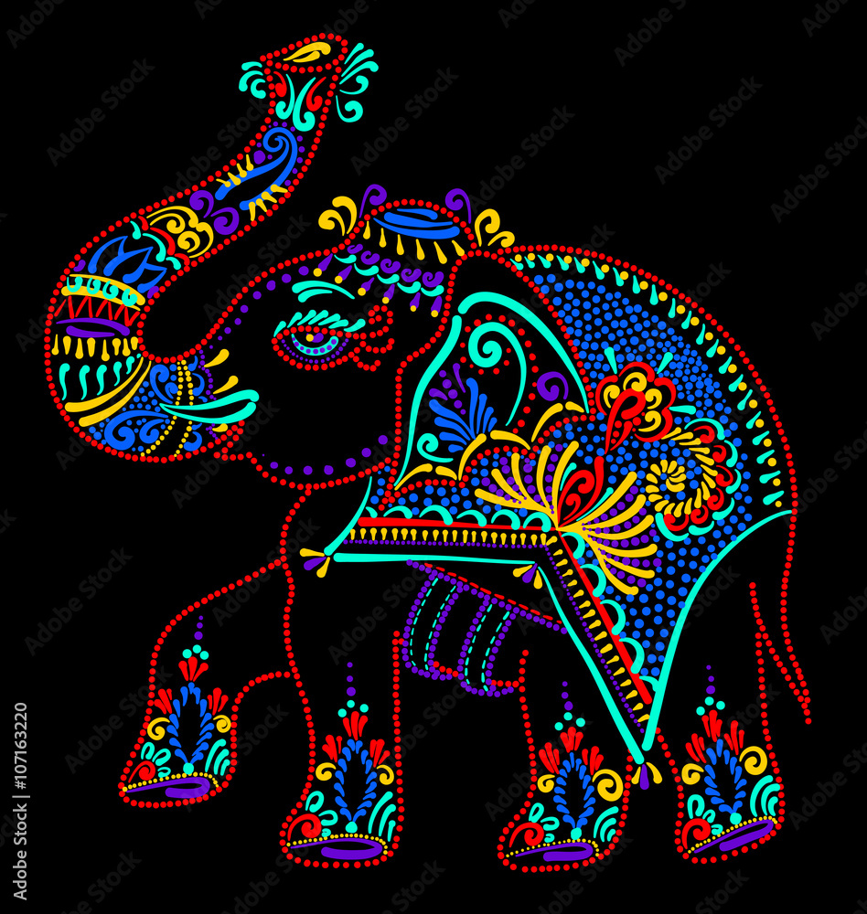 Obraz premium folk art indian elephant, vector dot painting illustration 