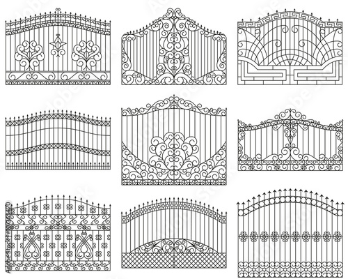 Forged gates set.  Decorative metal gates with swirls, arrows and ornaments. Linear design. Vector outline illustration isolated on white.