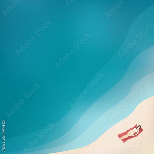 Woman in bikini lying on a sandy beach next to the clean water ocean. Top aerial view vector background illustration with copy space.