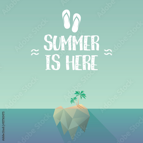 Summer tropical island poster with typography text. Exotic location banner, flip-flops symbol.