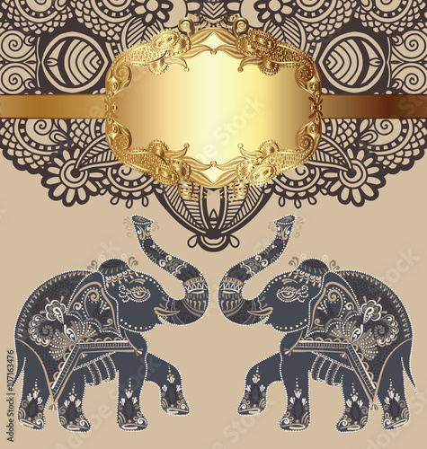 Canvas Print original indian pattern with two elephants for invitation, cover