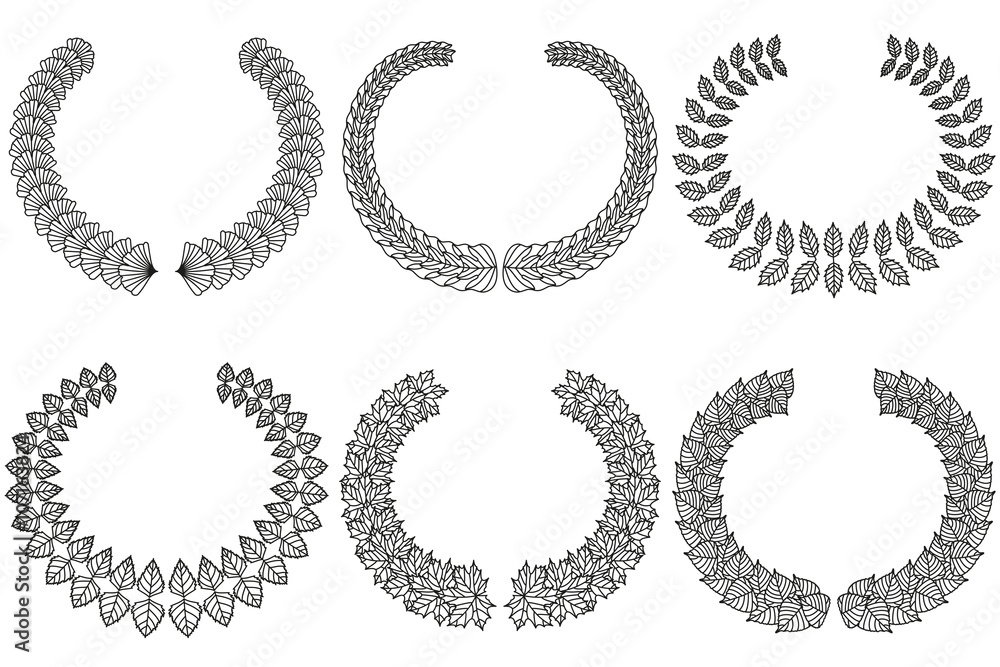 Foliate wreaths set. Black wreaths made of different tree leaves. Vector illustration. Foliate wreaths set. Black wreaths made of different tree leaves. Vector illustration.