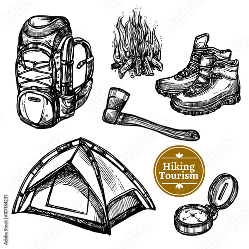 Tourism Camping Hiking Sketch Set