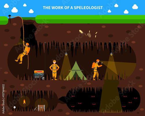 Speleologists Cave Exploration Flat Background Banner