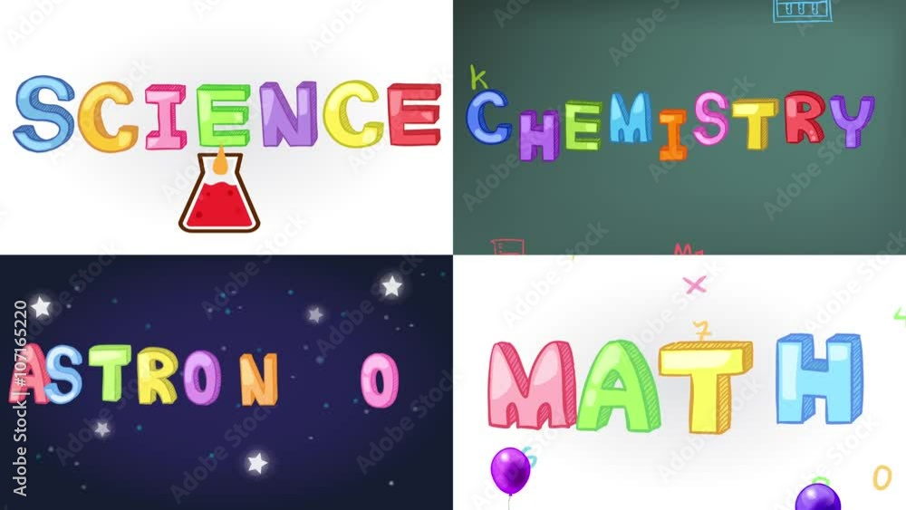 Four screen animation of science, math, chemistry, and astronomy ...