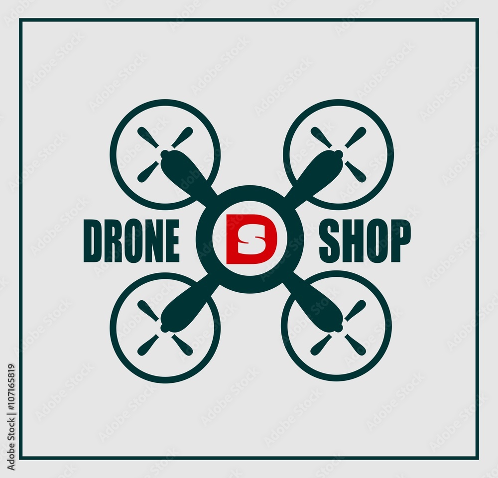 Drone quadrocopter icon. Drone shop text and emblem Drone quadrocopter icon. Drone shop text and emblem