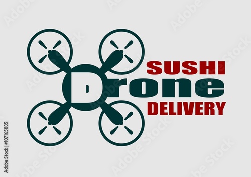 Drone quadrocopter icon. Drone sushi delivery text