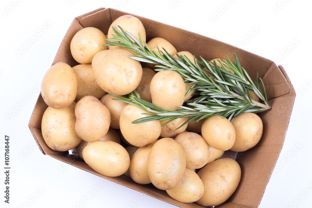 Rosemary and Potatoes in a box on isolated white background Rosemary and Potatoes in a box on isolated white background