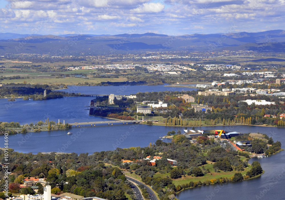 aerial view of Canberra, Australia seen from the Black Mountain Tower