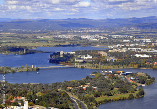 aerial view of Canberra, Australia seen from the Black Mountain Tower
