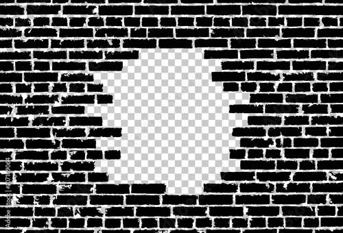 Broken realistic old black brick wall concept on transparent background. Vector illustration