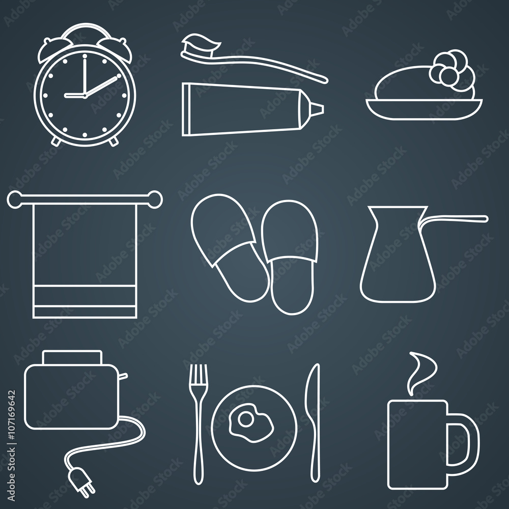 Set of line icons. Morning icons.Morning routine. Set of line icons. Morning icons.Morning routine.