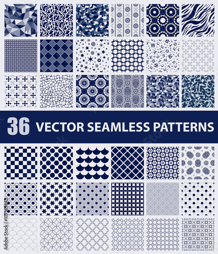Pack of 36 retro styled blue vector seamless patterns: abstract, vintage, technology and geometric. Vector illustration