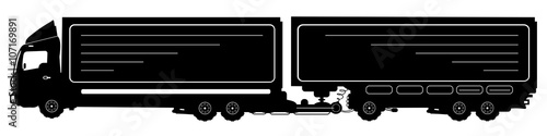 Vector detailed silhouette of truck with a trailer isolated on white. Vector illustration