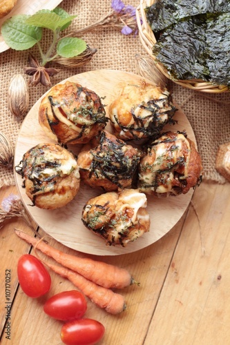 Takoyaki fried balls with sauce ,tradinition japanese food.