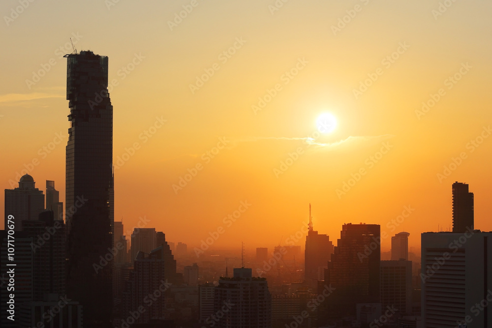 sunset in the city of bangkok thailand