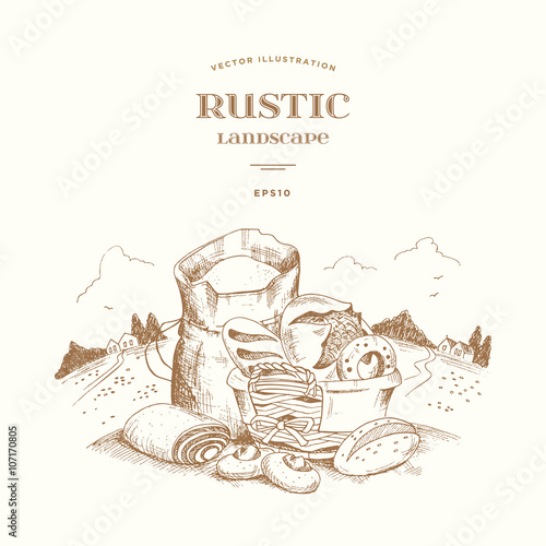 Rustic landscape with a bag of flour and wicker basket with homemade cakes: bread, bagel, baguette, cake, pie.