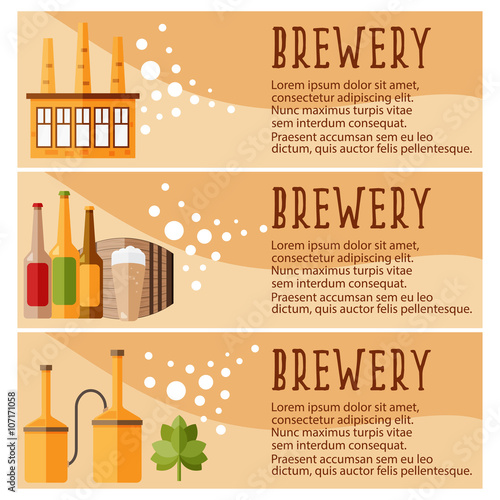Set of banner for brewery industry with brewery objects. Vector