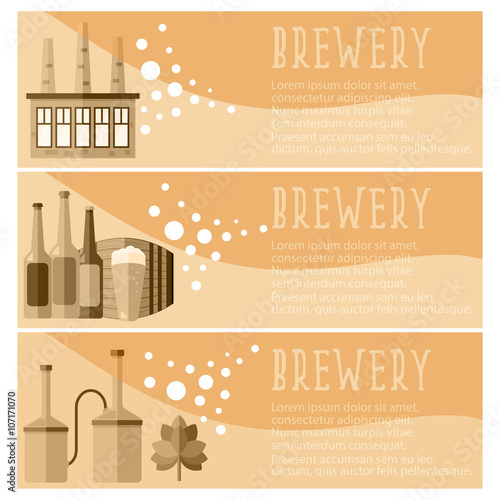 Set of banner for brewery industry with brewery objects. Vector