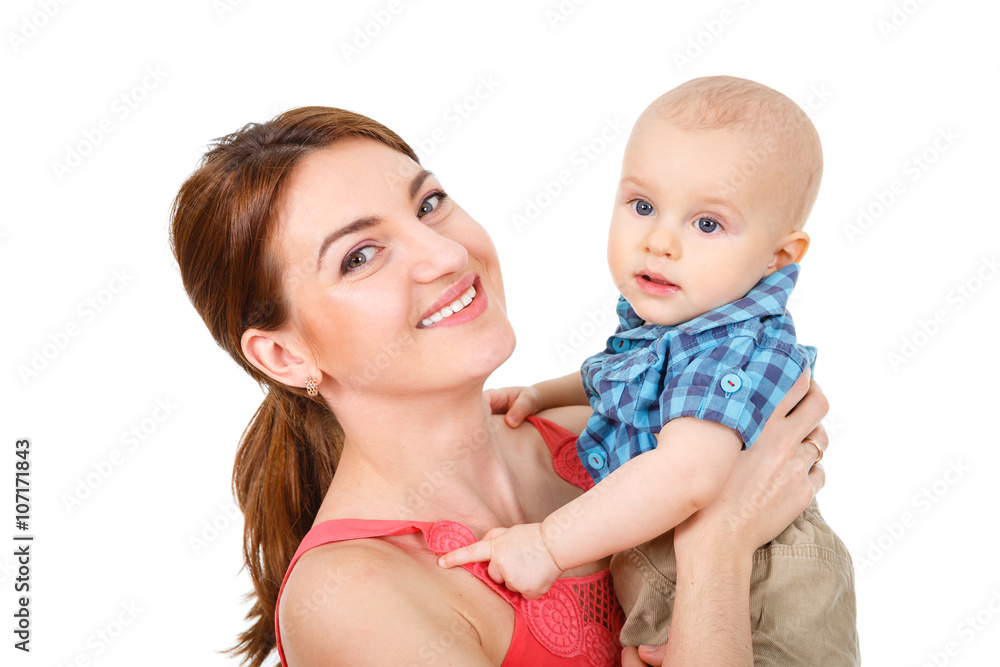 Happy cheerful family. Mother and baby kissing, laughing, hugging and playing. isolated on white background Happy cheerful family. Mother and baby kissing, laughing, hugging and playing. isolated on white background