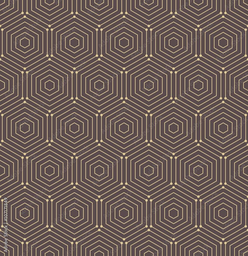 Geometric fine abstract vector hexagonal background. Seamless modern brown and golden pattern