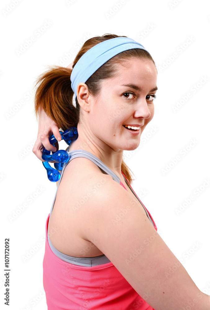 Beautiful woman massaging her back, isolated on a white background Beautiful woman massaging her back, isolated on a white background