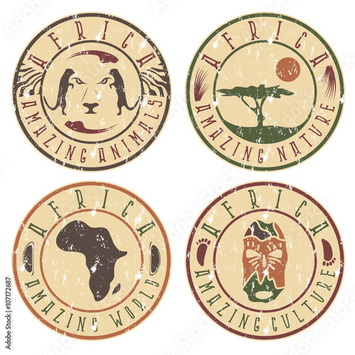African ethnic culture ,animals and nature grunge labels set