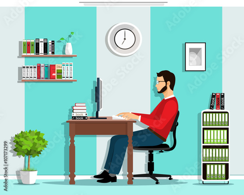 Manager in the office. Vector flat style set: man working in office, sitting at desk, looking at computer screen, office with furniture.