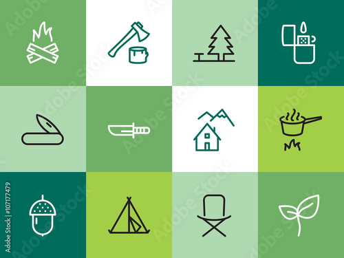 Camping vector icons set - Thin line outline iconset