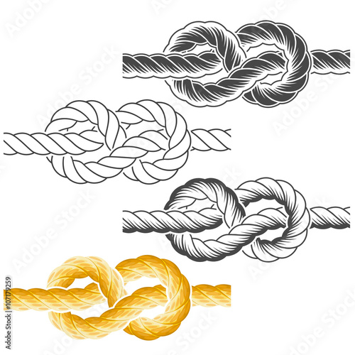 Rope knots in full-color, textured and contour drawings