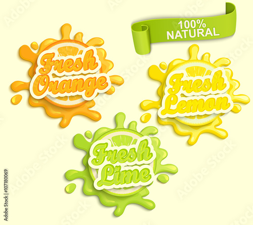 Set of Lemon, orange, lime juece labels splash.