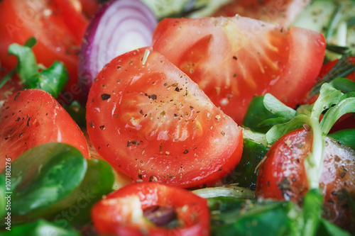 Fresh vegetable salad with tomatoes, cucumbers and onions. Serve