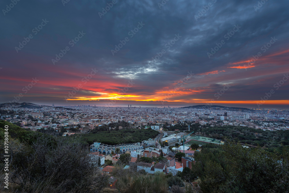 panoramic views of Barcelona at sunrise