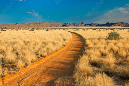 Scenic view of a sand Road in landscape desert at sunset. Solitaire, Namibia, Africa. .