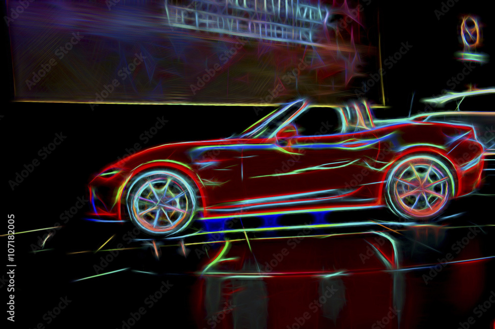 neon line art of a red sports car