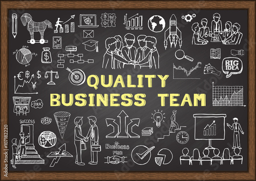 Hand drawn business icons about QUALITY BUSINESS TEAM on chalkboard