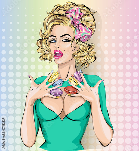 Sexy pop art woman portrait with macarons. Pin-up