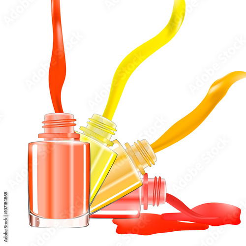 Bottles with spilled nail polish over white background with splatter enamel. 3D illustration. Vivid bright colors: red, pink, yellow, orange. vector illustration.