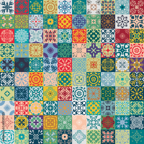 Gorgeous floral patchwork design. Moroccan or Mediterranean square tiles, tribal ornaments. For wallpaper print, pattern fills, web page background, surface textures. Indigo blue teal green olive