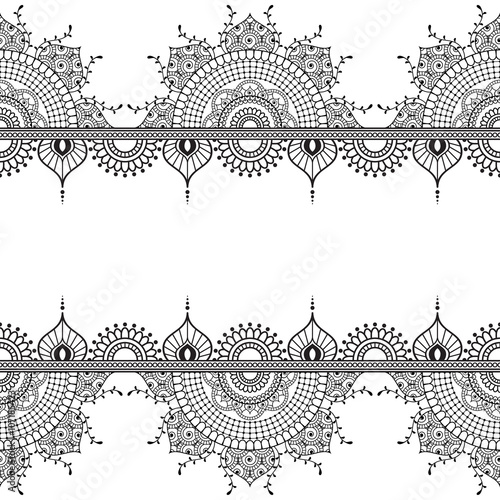 Seamless pattern mehndi border elements with flowers for tattoo or card in Indian style on white background.