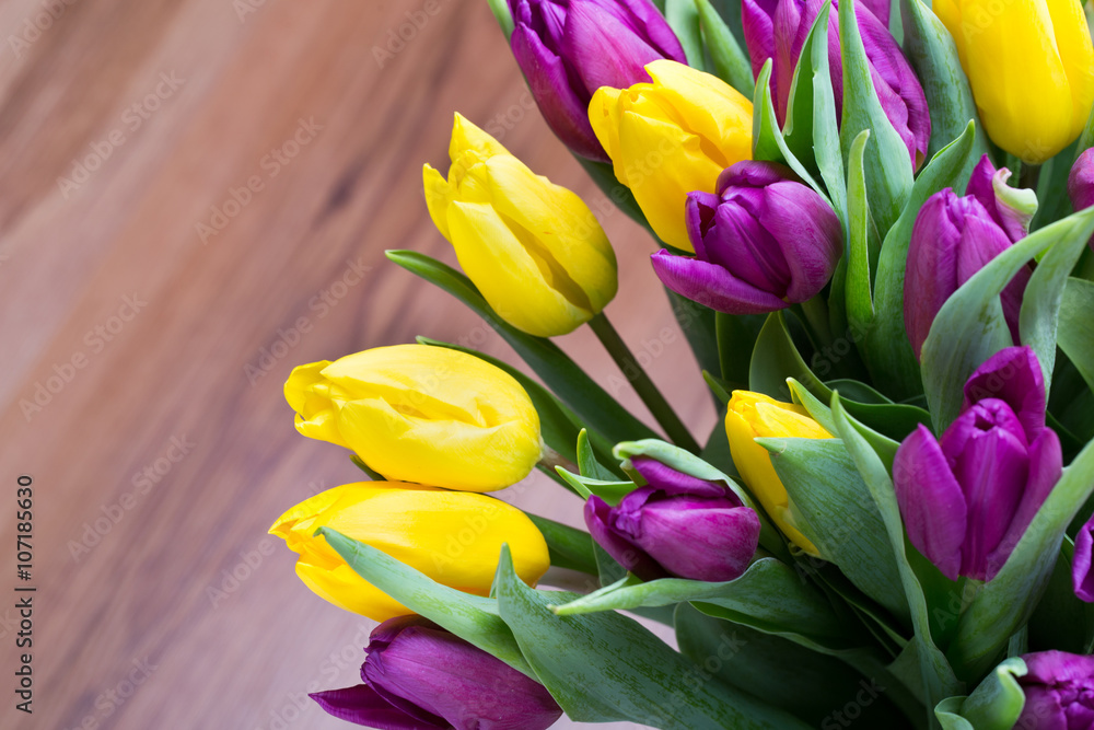 Purple and yellow tulip bouquet. More tulip on the grey backgrou