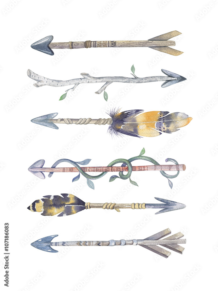 Watercolor aztec boto  arrows set with Hand Painted Leaves and f