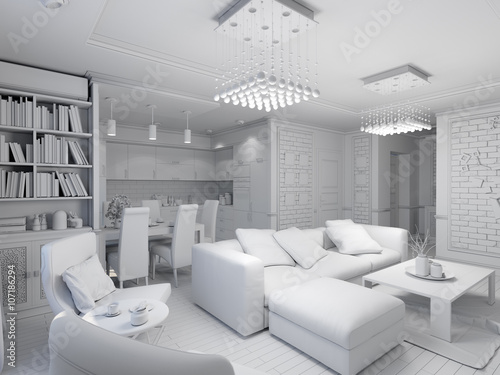 3d render of a living room with kitchen interior design in the s