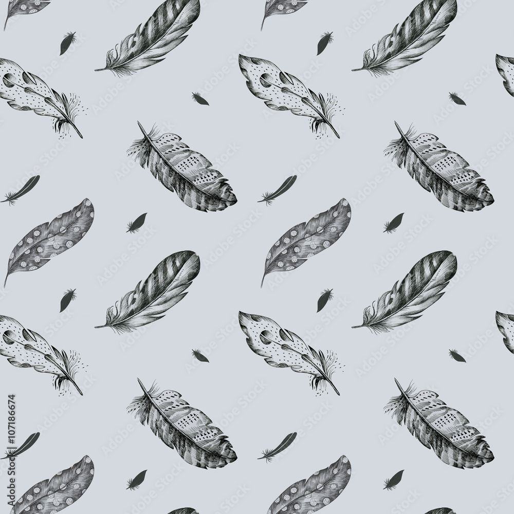 Fototapeta premium Vintage seamless graphic pattern with hand-drawn feathers. Flyi