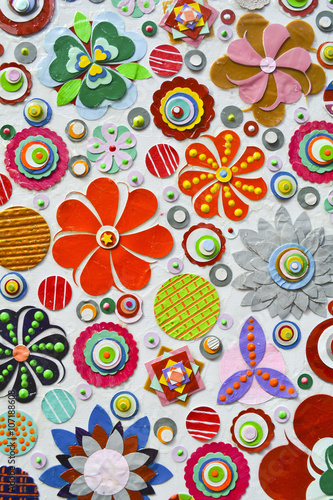 Flowers, abstract composition made of paper layers, quilling with die cut and scissors, abstract background painting.