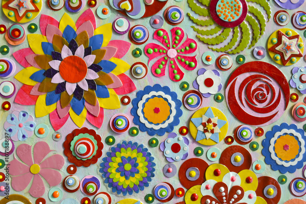 Fototapeta premium Bizarre flowers background, zentangle like decorative circular floral elements.