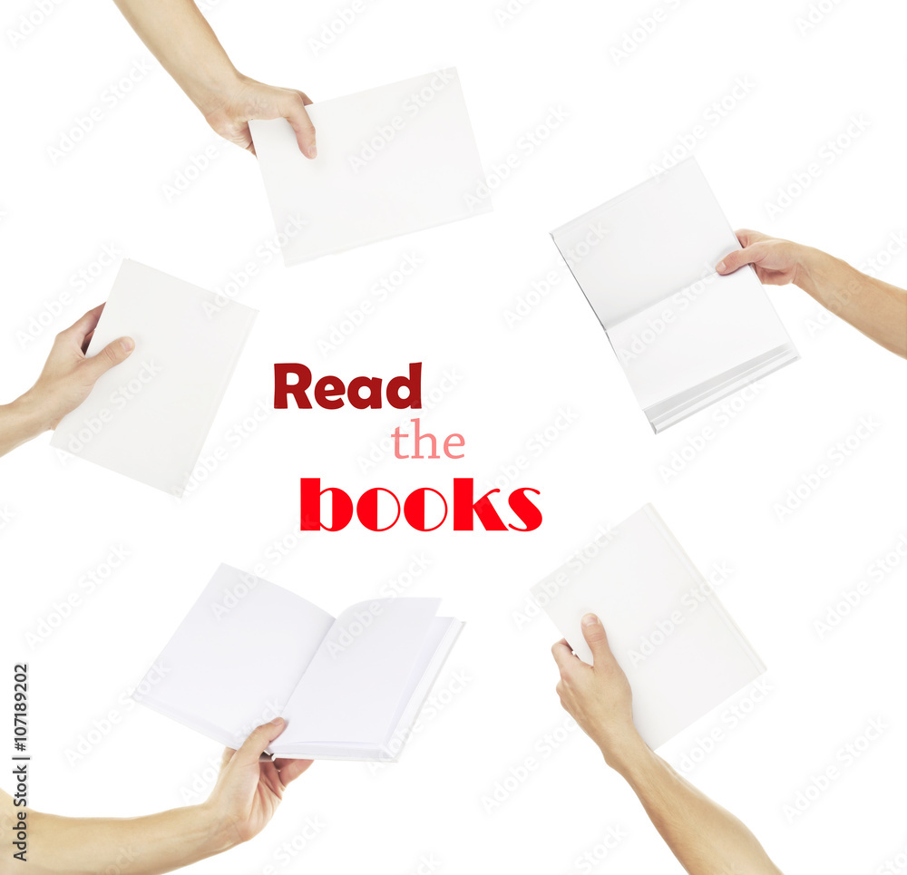 Man hands holding white books in collage isolated on white Man hands holding white books in collage isolated on white