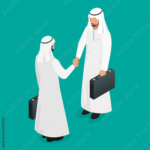 Two arab businessmen in national white garments shaking hands. Arabian partners handshake concept.  Flat 3d vector isometric illustration.