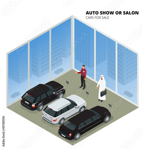 Arab businessman chooses Luxury car. Flat 3d vector isometric illustration. Cars for sale. Auto business, car sale and people concept. Auto show or salon.